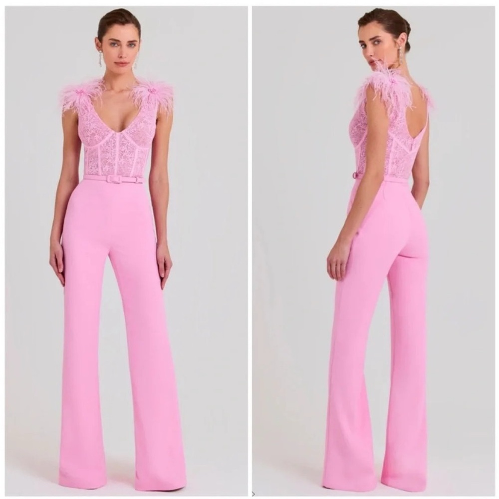 Nadine Merabi Anabelle Lace Feather Jumpsuit Pink NWT